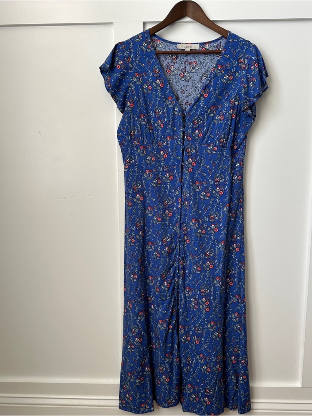 LOFT Blue Floral V-Neck Maxi Dress